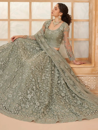 Incredible Grey Embroidered Net Lehenga Choli With Dupatta - Ethnic Plus In